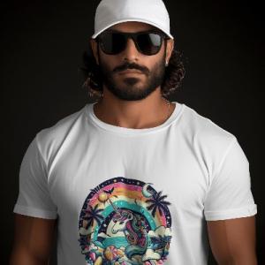 Men's white T-Shirt with Printed Unicorn with a Rainbow on Its Head