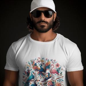 Men's Black T-Shirt with Printed A Colorful Bird with Flowers