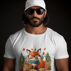 Men's white T-Shirt with Printed Fox Face