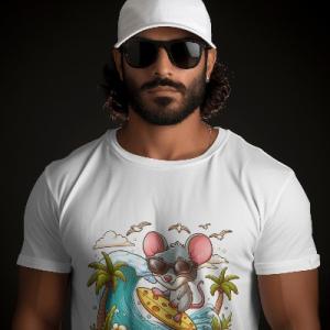 Men's white T-Shirt with Printed Cute Mouse Diver Design