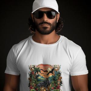 Men's white T-Shirt with Printed Jungle Nature