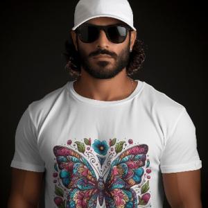 Men's white T-Shirt with Printed Butterfly Mandalas