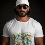 Men's white T-Shirt with Printed Colorful leaves and flowers Design