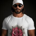 Men's white T-Shirt with Printed Single Red Rose Design