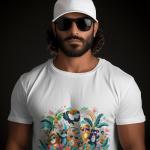 Men's white T-Shirt with Printed A circle of animals with the sun Design