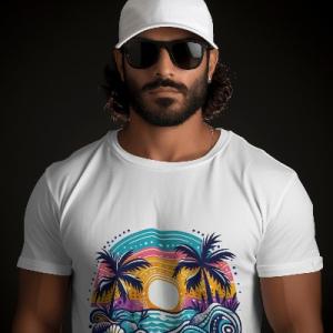 Men's white T-Shirt with Printed Beach Design