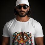 Men's Black T-Shirt with Printed Colorful Tiger Head Design