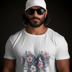 Men's white T-Shirt with Printed Heart with Flowers