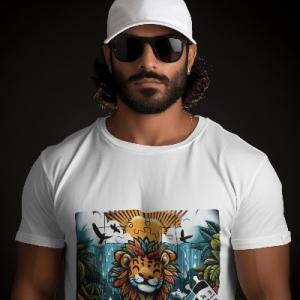 Men's white T-Shirt with Printed Tiger Face