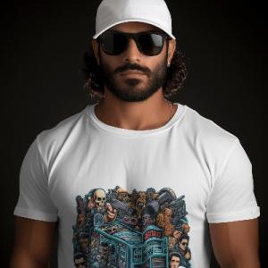 Men's white T-Shirt with Printed Game Character Design