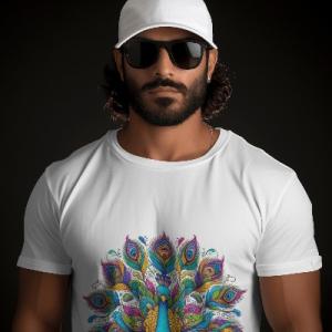 Men's white T-Shirt with Printed Peacock Face