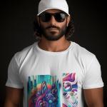 Men's white T-Shirt with Printed A Colorful Musical Design