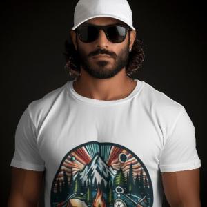 Men's white T-Shirt with Printed Mountain Campsite Serenity Face