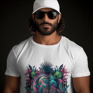 Men's white T-Shirt with Printed Angry Lion Face