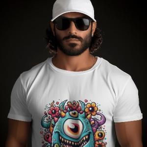 Men's white T-Shirt with Printed Monsters Face