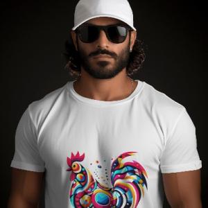 Men's white T-Shirt with Printed Colorful Chicken Roster