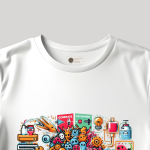 Men's white T-Shirt with Printed Retro Arcade Game Console Indoors Design